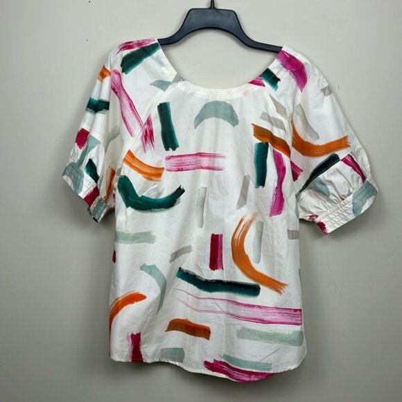 ANTHROPOLOGIE X Aimee Clarke button back brushstroke print short sleeve blouse - Picture 4 of 14
